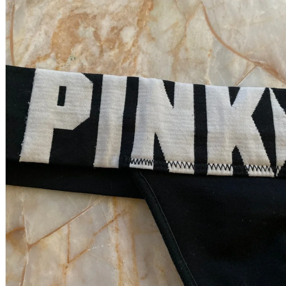 Victorias Secret PINK Extra Low Rise String Thong Black White Logo Print Small